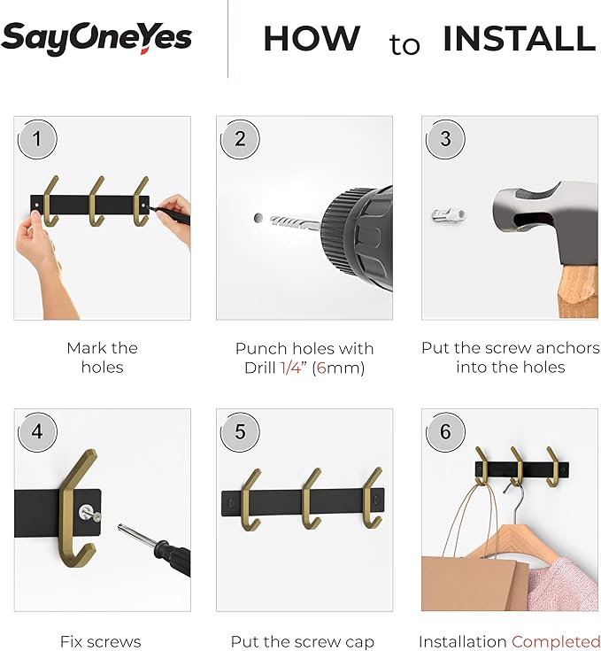 Small Coat Rack Wall Mount – Black and Gold Hook Rail with 3 Double Coat Hooks, 9 Inch Stainless Steel Wall Hooks for Entrywa