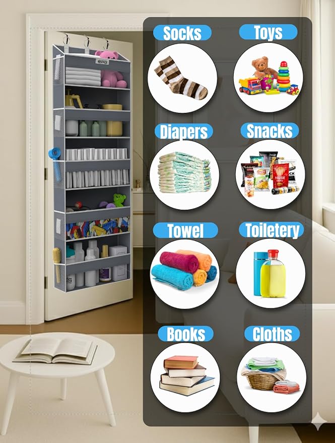 Over the Door Organizer with 5 Large Pockets & 10 Mesh Side Pockets – Durable Hanging Storage for Closet, Bathroom, Bedroom, 