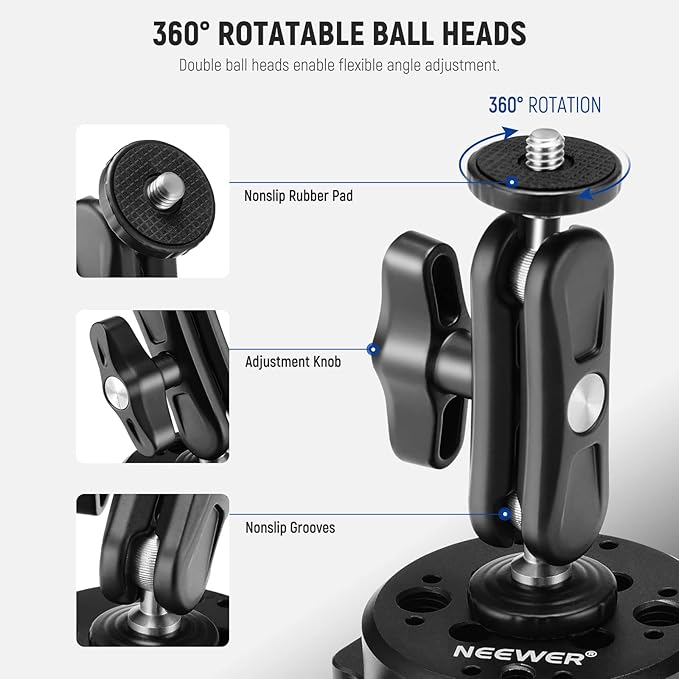 NEEWER 6" Suction Cup Camera Mount Compatible with GoPro, Metal Car Windshield Dash Ball Head Magic Arm with Action Cam Adapter Cleaning Cloth for DSLR Phone Holder, for POV Video Recording, CA013