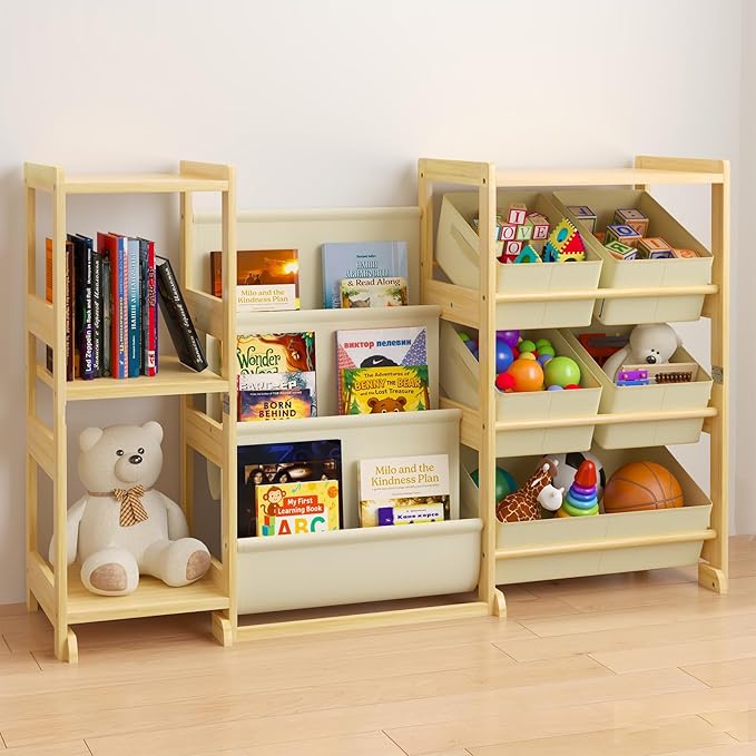 Kids Bookshelf and Toy Storage Organizer with 3-Tier Book Display and Shelves, Kids Toy Organizers and Storage with Bins, Boo