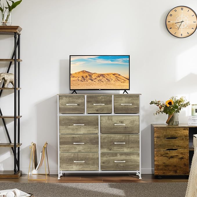 DUMOS 9 Drawer Dresser for Bedroom, Fabric Storage Organizer with Sturdy Metal Frame, Wooden Top Chest of Drawers for Closet 