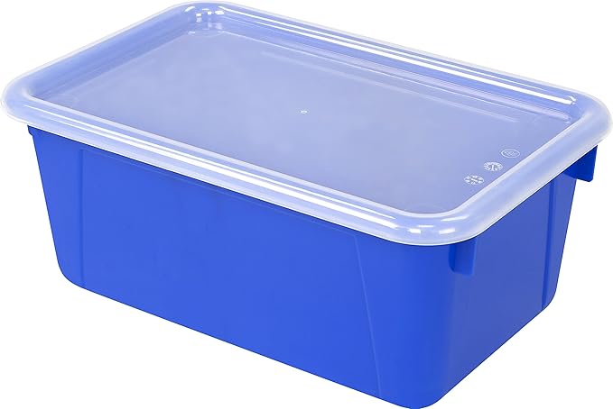 Storex Small Cubby Bins – Plastic Storage Containers for Classroom with Non-Snap Lid, 12.2 x 7.8 x 5.1 inches, Blue,(62408U05