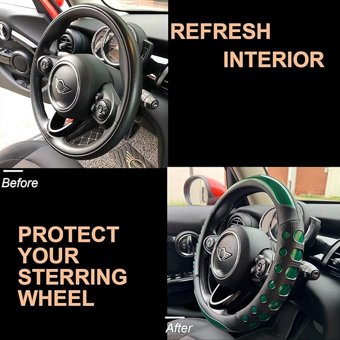PINCTROT Race Grip Steering Wheel Cover, Anti Slip Silicone Perforated Design with Soft Touch Padding, Enhanced Grip for Sporty Driving, Universal 14.5-15 Inch (Racing Green)