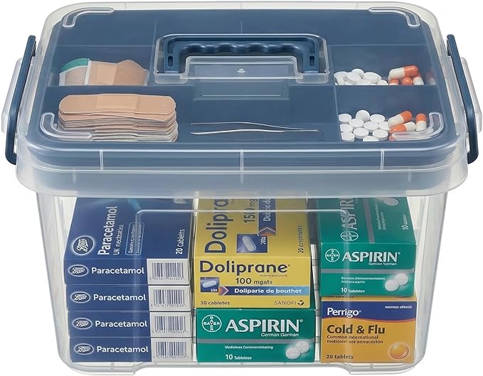 Pulseplay Clear Medicine Organizer Box with Handle Medicine Cabinet Organizer with Removable Tray First Aid Box Empty for Hom
