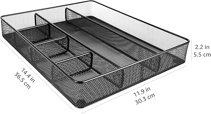 Amazon Basics Metal Mesh Desk Organizer with 6 Compartments, Anti-Slip Pen Holder Storage Tray for Office Supplies and Home, 