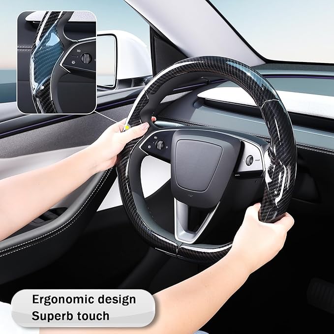Steering Wheel Cover for Tesla Model 3 2024-Present Highland/Tesla Model Y Juniper 2025-Present, Carbon Fiber Steering Wheel Cover for Tesla Model 3 Highland/Y Juniper Accessories, Glossy Black