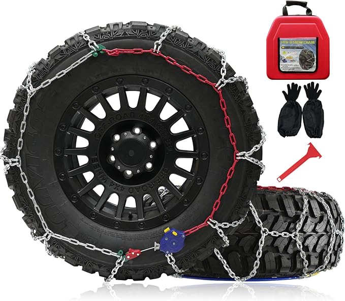 Snow Chains for Pickup Trucks, 2 Piece x 12mm, 1 Minute Quick Installation Tire Chains with Automatic Tensioner, Heavy-Duty E