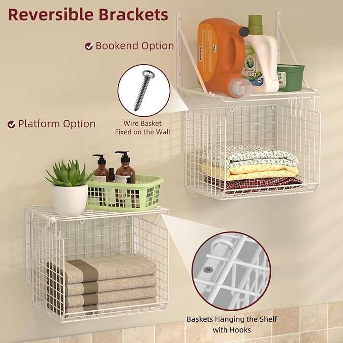 2 Pack Laundry Room Shelves Wall Mounted with Wire Baskets, Over the Washer and Dryer Shelf with Clothes Drying Rack, 8 Hooks