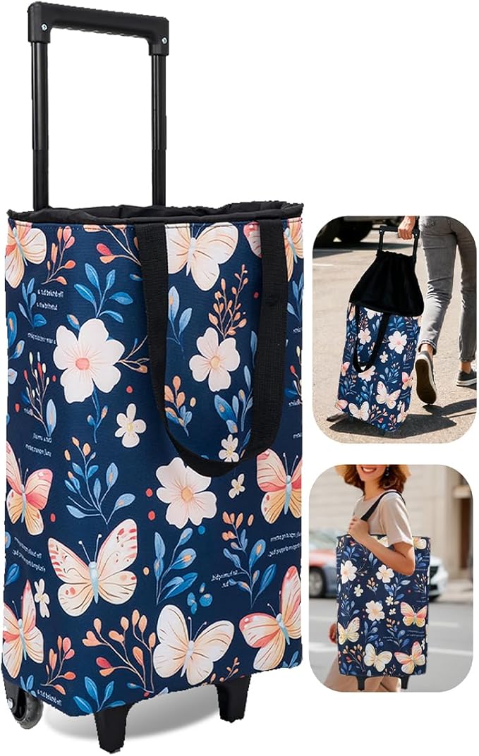 Foldable Rolling Bag, Portable Small Shopping Cart with Wheels, Collapsible Shopping Tote with Stylish Pattern for Market & Grocery Runs–Gift for Women & Seniors, Expandable L, bluebfly