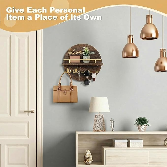 Key Holder for Wall, Key and Mail Holder Organizer with - Key Holder Wall Mount - Round Wooden Rustic Home Decor for Entryway