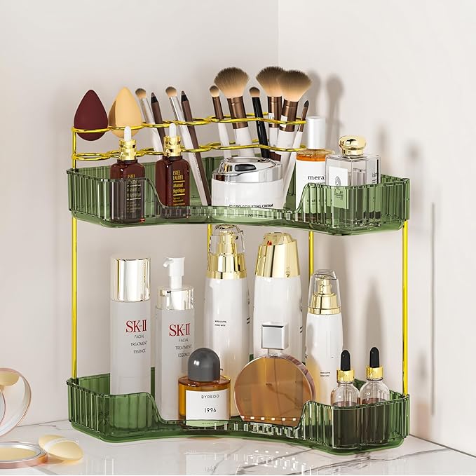 SUNZOS Bathroom Counter Organizer, Corner Vanity Cosmetic Storage with Makeup Brush Holder, Countertop Organizers for Dresser