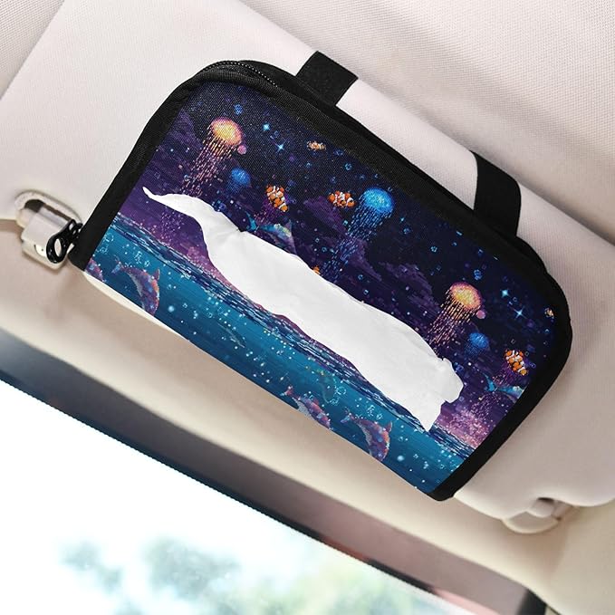 Car Tissue Holder Car Visor Organizer Tissue Box Holder for Car Sun Visor Organizer with Car Vehicle Accessories Essentials Interior for Women Men Purple Jellyfish Clownfish Dolphin