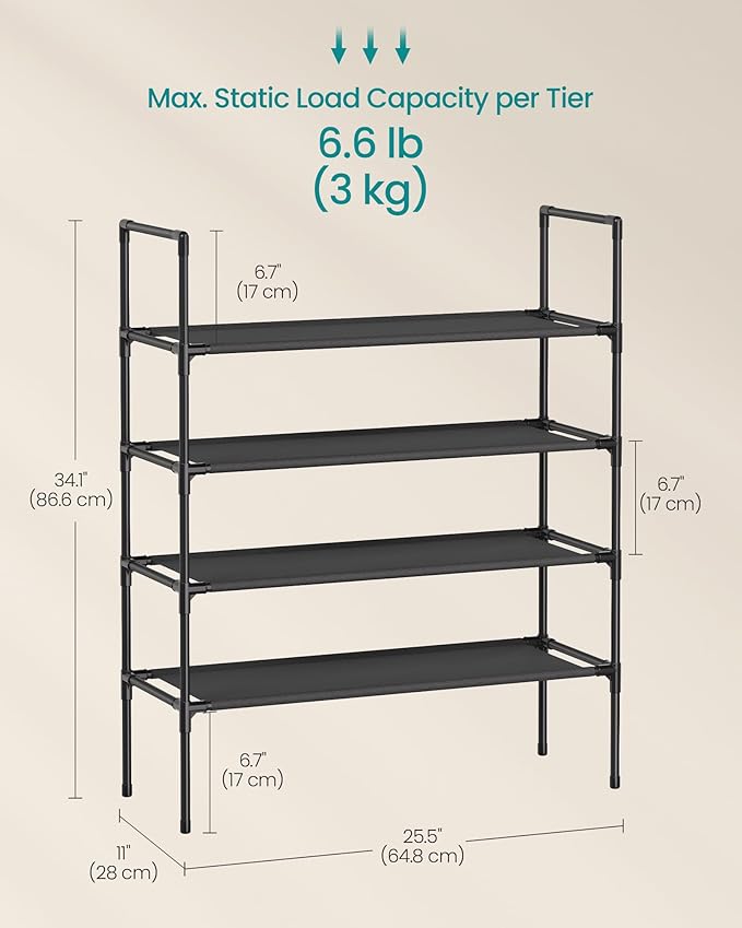 SONGMICS 4-Tier Shoe Rack, Shoe Storage for Hallway Closet, Slim and Space-Saving, Metal Frame, Non-Woven Fabric Shelves, Bla