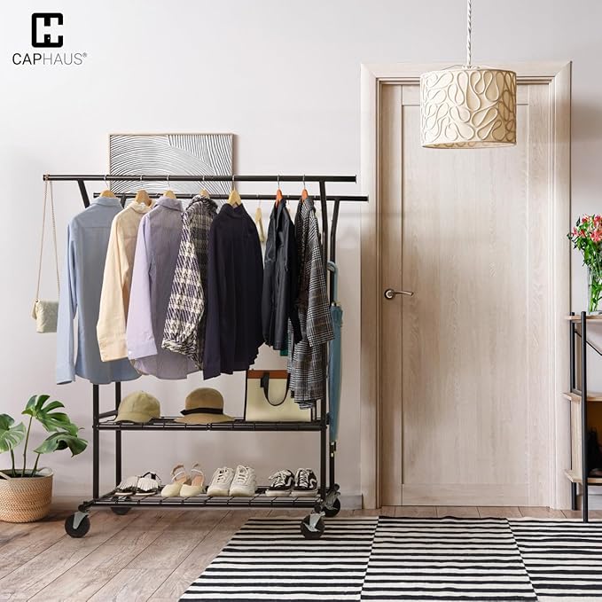 CAPHAUS 840LBS Capacity Heavy Duty Clothes Rack with Double Rods, Rolling Clothing Rack with 2 Shelves, Extendable Rods, Blac