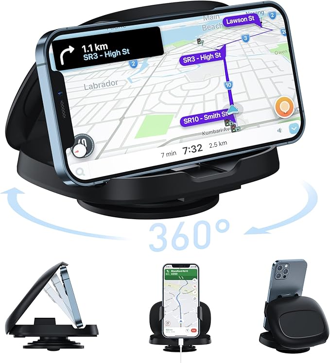 Cell Phone Holder for Car, Vertical Horizontal Car Phone Mount with 360° Rotate Dashboard Cradle Compatible iPhone Samsung Galaxy Android Smartphones, GPS Devices