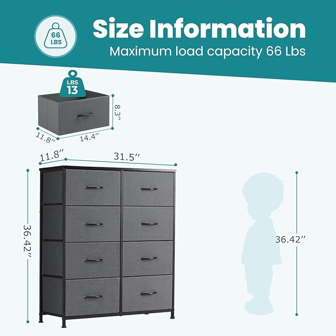 DUMOS 8 Drawer Dresser for Bedroom, Fabric Storage Organizer with Sturdy Metal Frame, Wooden Top Chest of Drawers for Closet 