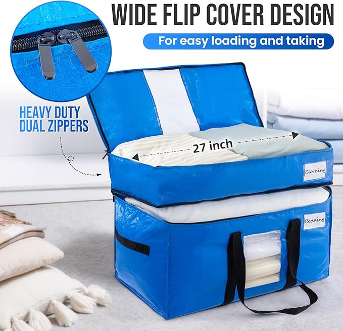 TAILI 2 Tier Extra Large Moving Bags, 2 Pack Blue Heavy Duty Totes for Storage with Visible Window, Wrap Around Handles, Stor