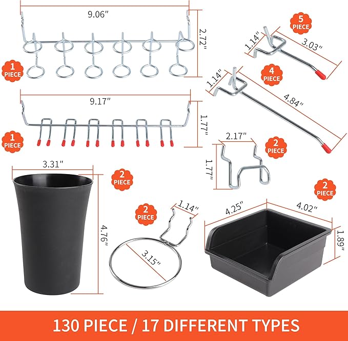130PCS Pegboard Hooks Assortment - Peg board Hooks for Hanging Tools with Pegboard Bins & Cups,1/8-Inch Pegboard Wall Organiz