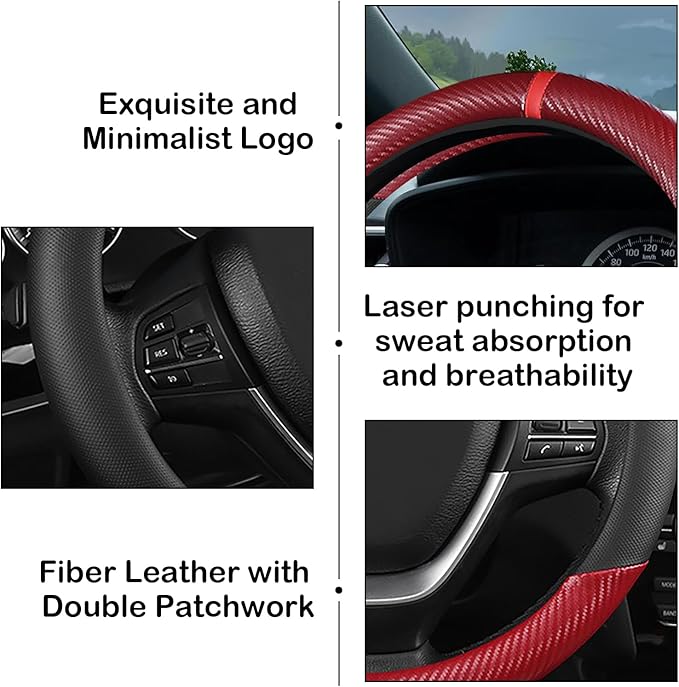 Black & Red Carbon Fiber Leather Steering Wheel Cover, 14.5-15 Inch Non-Slip Breathable Microfiber Leather Car Steering Wheel