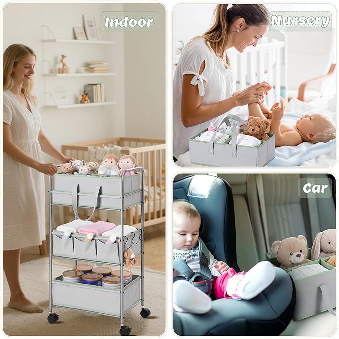 FoldTier 2in1 Colorful Baby Diaper Caddy Organizer Cart 3 Tier Large Capacity Metal Utility Bedside Rolling Cart with Divider