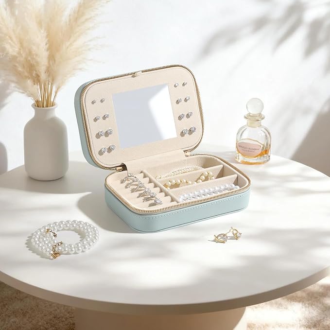 Genuine Leather Travel Jewelry Organizer Case with Mirror for Women, Small Mini Portable Jewelry Box for Ring Earrings Neckla
