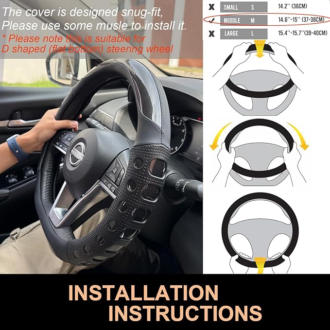 PINCTROT D Shaped Race Grip Steering Wheel Cover, Anti Slip Silicone Perforated Design with Soft Touch Padding, Enhanced Grip for Sporty Driving Flat Bottom 14.5-15 Inch (Racing Black)