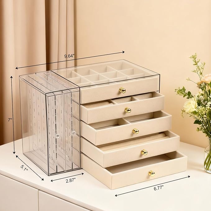 Greenfeather Jewelry Organizer with 7 Removable Drawers, Clear Acrylic Jewelry Box with 16 Necklace Hooks, 48 Pairs of Earrin