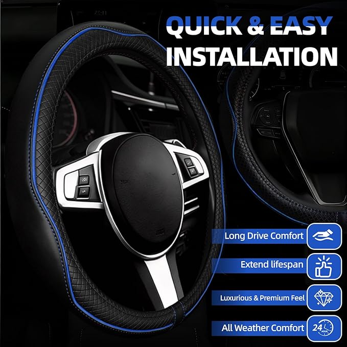 NBTEPEM Microfiber Steering Wheel Cover and Waterproof Car Floor Mats, Universal Fit Most Truck, SUV, Cars, 14.5-15inch Sporty Steering Wheel Covers with Anti-Slip Lining (Black with Blue line)
