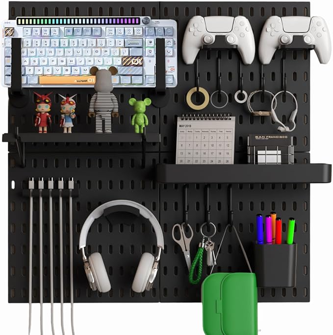 Keepo Peg Board Wall Organizer for Gaming Setup, Pegboard with Adhesives & Screw Mounts, Includes Peg Board Accessories for G
