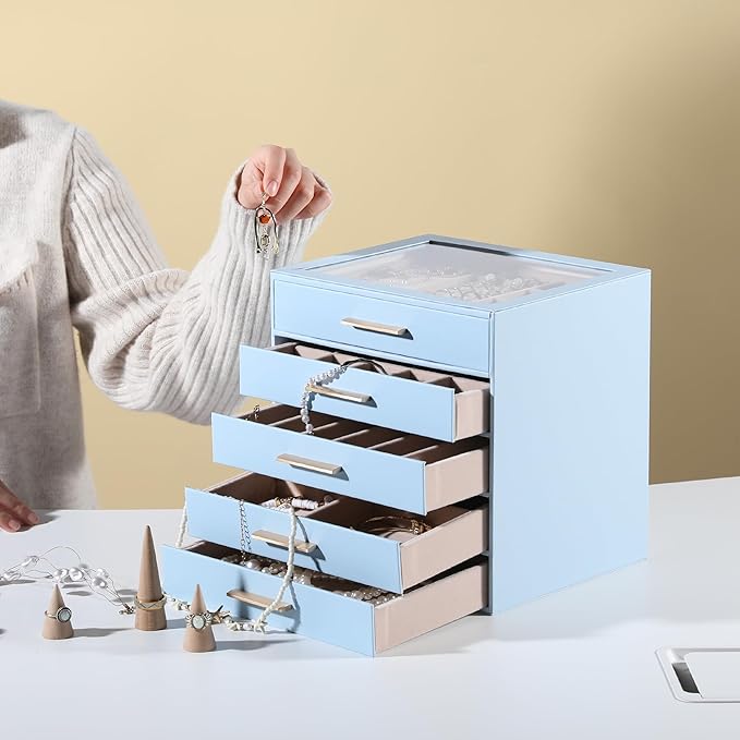 Frebeauty Clear Lid Jewelry Box,5-Layer Jewelry Organizer with Drawer,PU Leather Jewelry Organizers and Storage,Jewelry Boxes