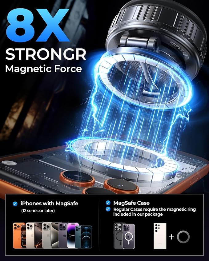 2026 Ultimate Vacuum Magnetic Car Phone Holder – 109+ LBS Super Strong Suction & 2800+ GF Magnetic Grip, 360° Rotation Dashboard/Windshield/Mirror Mount for iPhone 12–17&Samsung, Quick Lock, Black