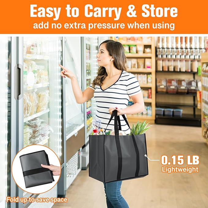 WISELIFE Reusable Grocery Bags with Handles - 4 Pack, 35L Large Shopping Bags for Groceries, Water-Resistant & Foldable Grocery Totes for Lasting Use for Kitchen, Market, Car Trunk, Picnic (Gray)