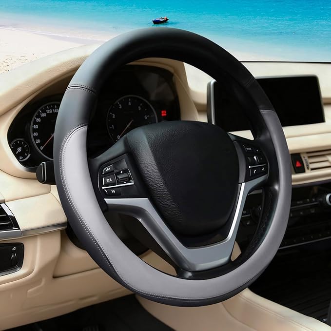 Gray Car Steering Wheel Cover, Nappa Leather, Bottom Color Blocking, Universal 14.5-15 Inch Leather Anti-Slip Breathable Auto