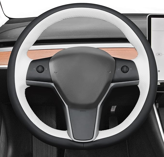 MEWANT Hand Stitched Real Leather Steering Wheel Cover for Tesla Model 3 2017-2023 / Model Y 2020-2023 for Tesla Model 3/Y Accessories(3D Style)