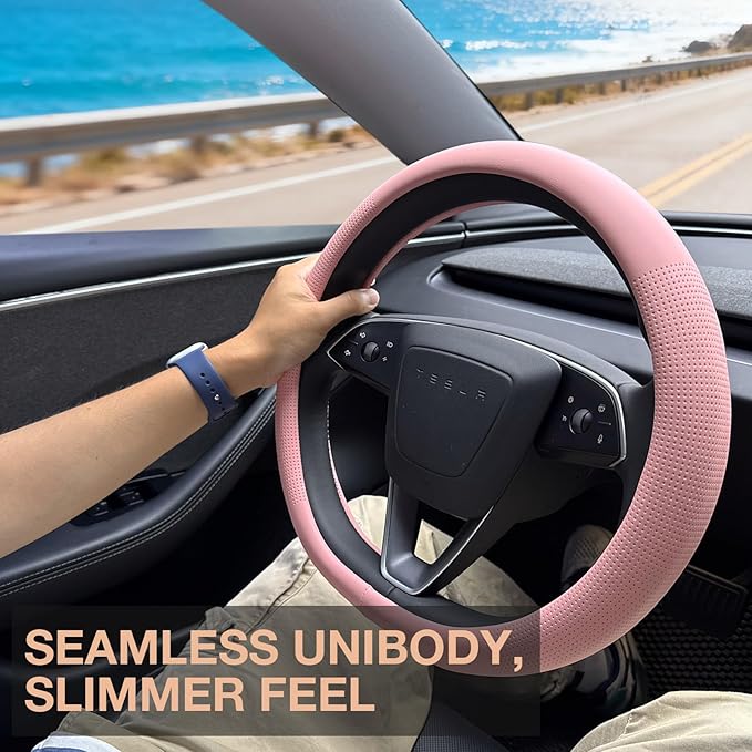 PINCTROT Nappa Leather Steering Wheel Cover for Tesla Model Y/3 Highland/Juniper, D Shaped 14 Inch Small Sized with Breathabl