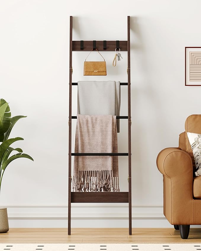 Hzuaneri Blanket Ladder for Living Room, Decorative Quilt Rack with 4 Removable Hooks, 5-Tier Farmhouse Ladder Holder Shelf O