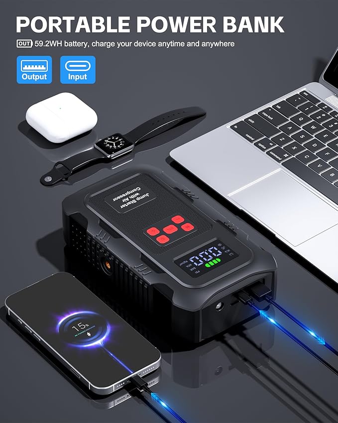 5000A Jump Starter with Air Compressor, Portable Car Battery Jump Starter with 150 PSI Tire Inflator for Up to 10.0L Gas