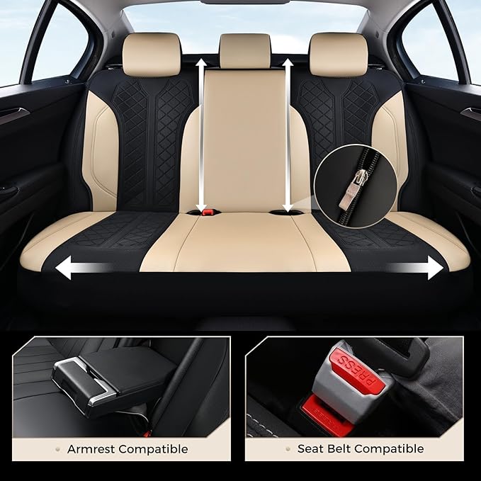 Coverado Seat Covers Full Set, Beige Car Seat Covers, PU Leather & Breathable Mesh Seat Protectors, 5-Piece Automotive Seat C