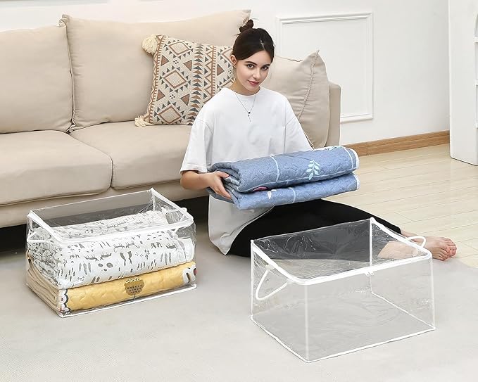 10 PCS Clear Zippered Storage Bags with Handle, Sweater Storage with Zipper, Foldable Closet Organizer Bed Sheet Organizer, C