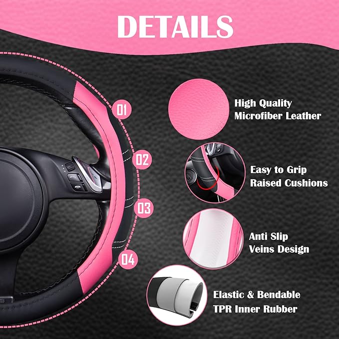 CAR PASS Line Rider Microfiber Leather Sporty 14.5-15 inch Steering Wheel Cover Universal Fits for 95% Truck,SUV,Cars, Anti-S