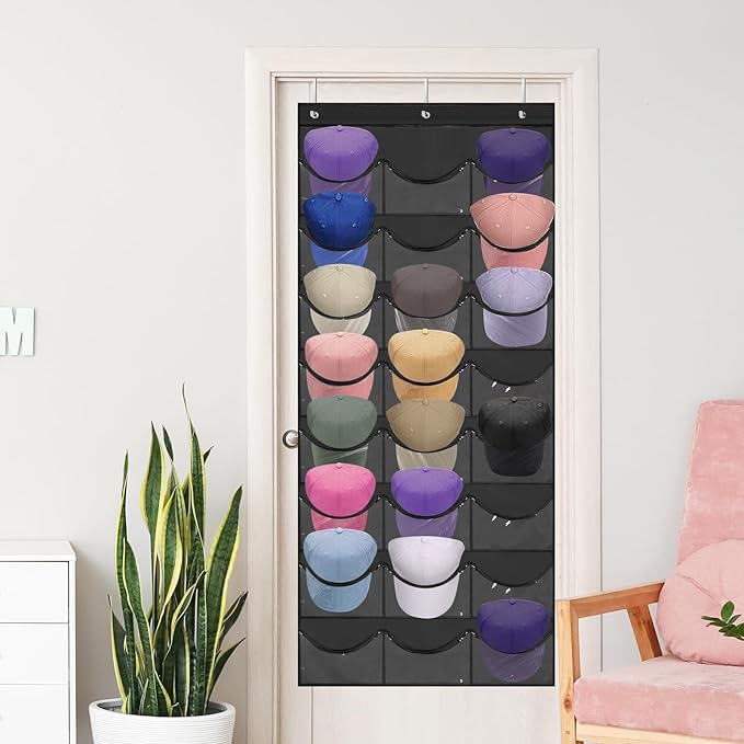 BiCINE Hat Rack for Baseball Caps, 24 Pocket Over the Door Hat Organizer with 3 Hooks, Hat Holder for Door with Large Clear P