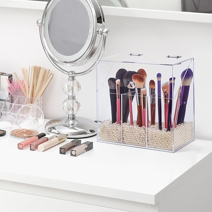 Acrylic Makeup Brush Holder with Lid - Clear Cosmetic Makeup Brush Organizer and Storage Box with Cover for Vanity - Large Ca