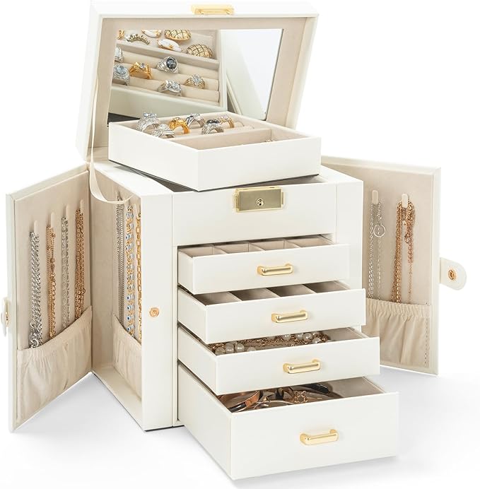AKOZLIN 5-Tier Jewelry Box Leather Jewelry Storage Organizer with 4 Drawers Lockable for Women Girls Ring Necklace Earring Br