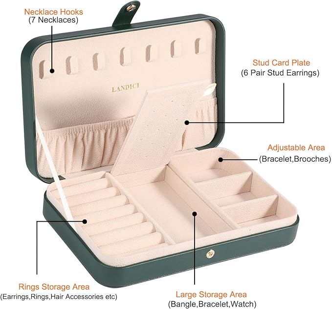 LANDICI Small Jewelry Box for Women Girls, PU Leather Travel Jewelry Organizer Case, Jewellery Storage Holder Display for Rin