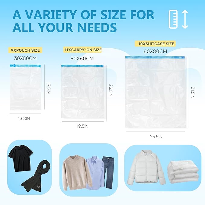 Compression Bags for Travel - Travel Essentials - 30 Pack Space Saver Bags - No Vacuum Needed - Compression Packing Bags for 