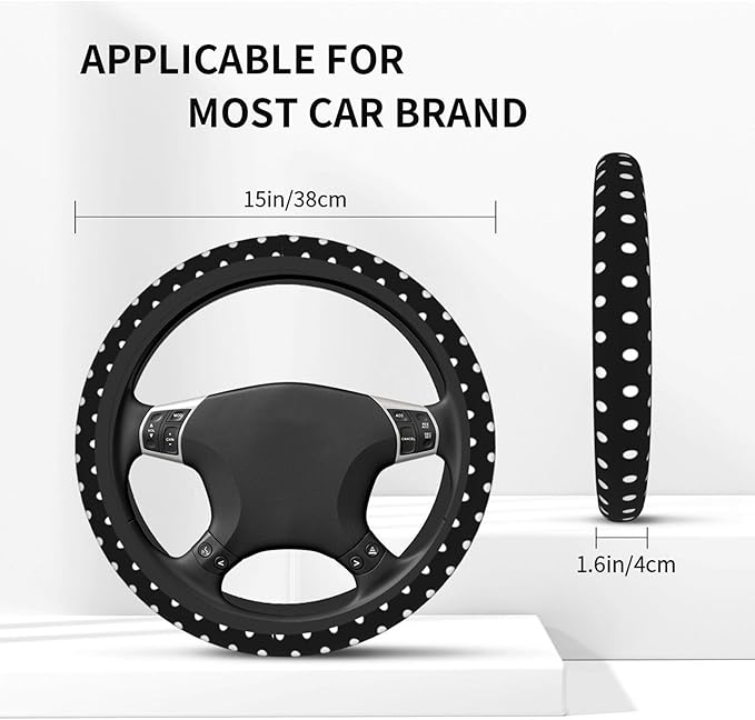 Cute Black White Polka Dots Steering Wheel Cover for Women, Universal Fit 14-15 inch,Automotive Interior Accessories Decorati