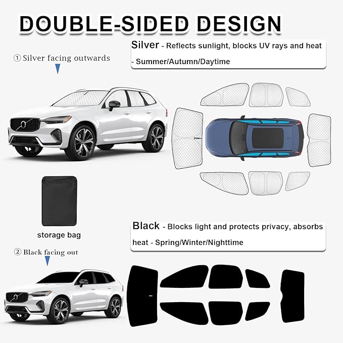 KMF 8pcs Thicken Sun Shades for Volvo XC60 2018-2025 2026 Accessories, Full Car Window Covers Sunshade for Windshield Side Rear, UV Block and Blackout Protect Privacy for Car Camping Outdoor