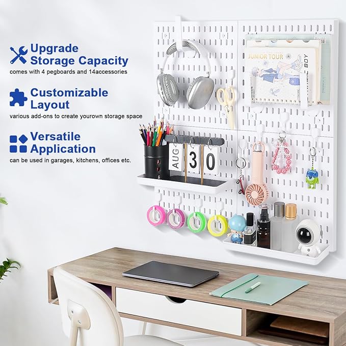 Pegboard Wall Organizer Kit – Heavy Duty 20lbs Load Bearing, Easy Installation, 4 Peg Board Panels 14 Accessories – Multi-Sur