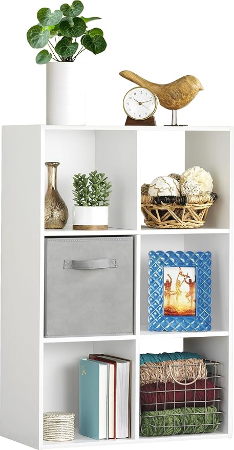 Whitmor 6 Cube Storage Organizer, 3 Tier Stackable MDF Wood Bookcase, Open Storage Display Bookshelf, Storage Cabinet for Liv