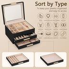 3-Layer Jewelry Box for Women, Jewelry Organizer with Glass Lid and Drawers, Jewelry Organizers and Storage for Necklaces, Ri